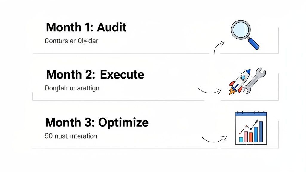 Three-month data-driven marketing strategy with steps: audit, execute, and optimize, each with illustrative icons.