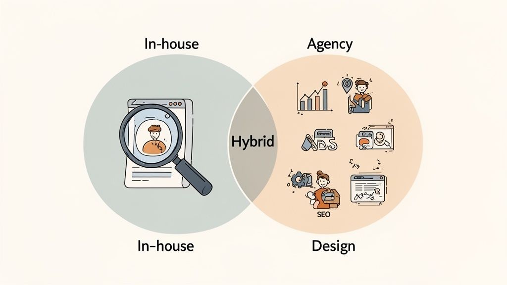 A Venn diagram showing in-house marketing services, agency services, and their hybrid overlap.
