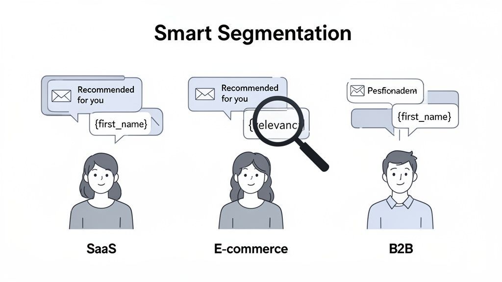 Illustration of smart segmentation for SaaS, e-commerce, and B2B with personalized emails.