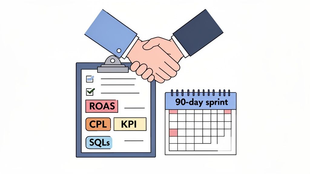 Business handshake over a clipboard listing marketing KPIs (ROAS, CPL, SQLs) and a 90-day sprint plan.