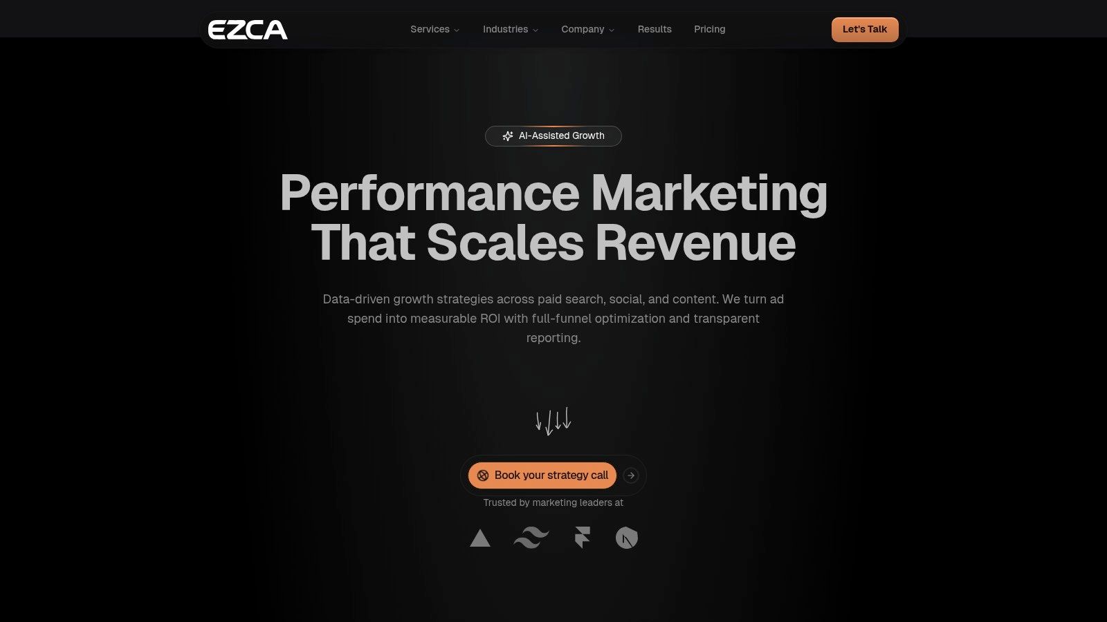 Ezca Agency's website homepage showing a focus on performance marketing