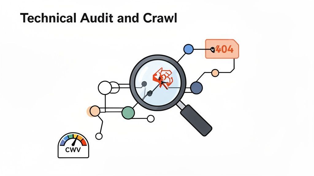 Illustration of a technical SEO audit showing crawling, 404 errors, and Core Web Vitals.