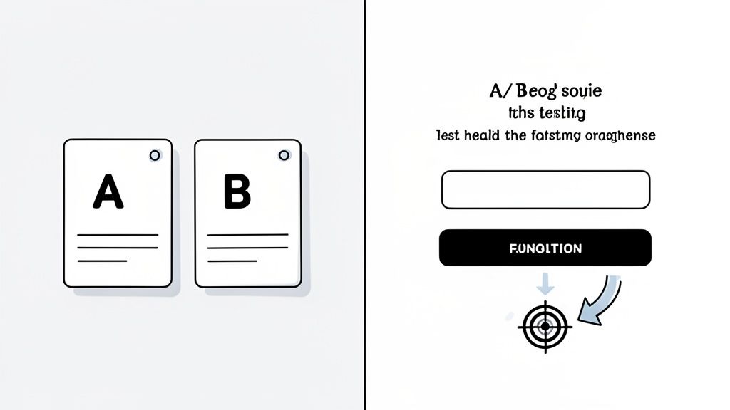 An illustration of A/B testing, showing options A and B, a function button, and a target for optimization.