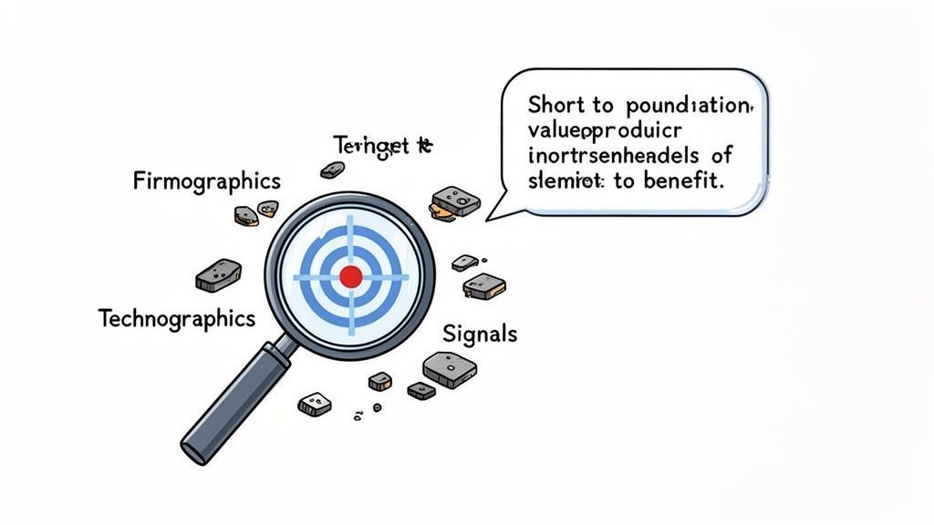 A magnifying glass targeting data points like firmographics, technographics, and signals for B2B strategy.