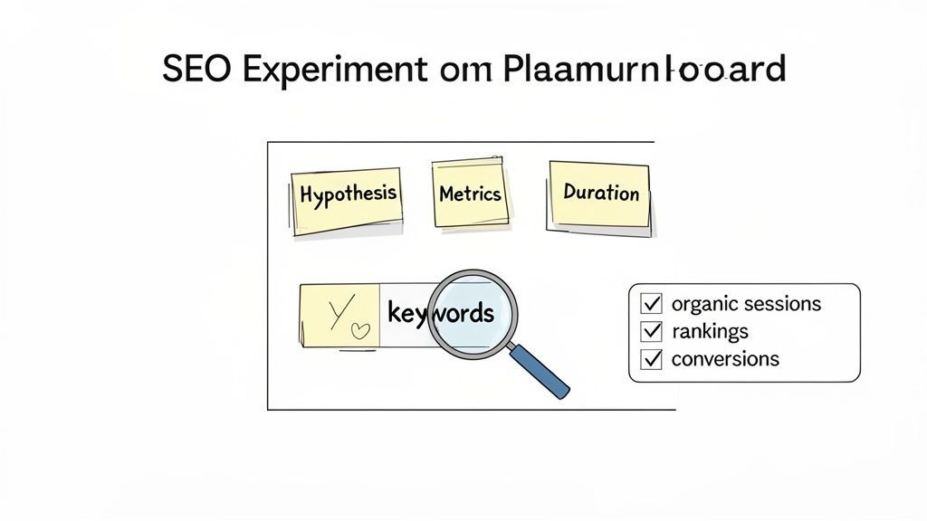 A diagram illustrating an SEO experiment with hypothesis, metrics, duration, keywords, and tracking organic sessions, rankings, and conversions.