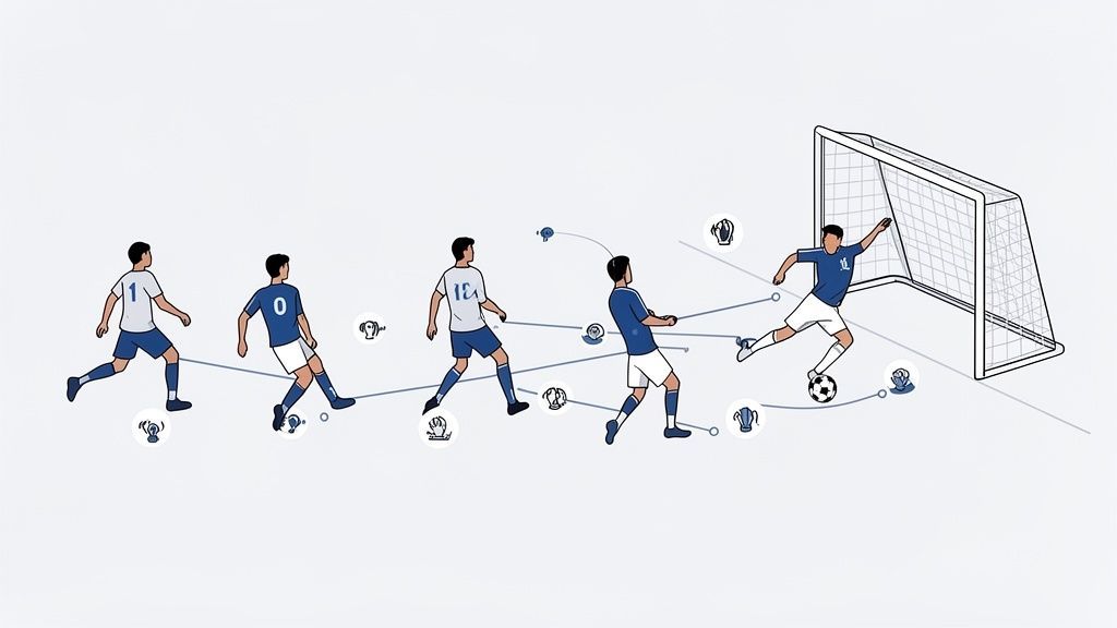 A visual representation of multi-touch attribution using soccer players passing a ball towards a goal with various interaction icons.