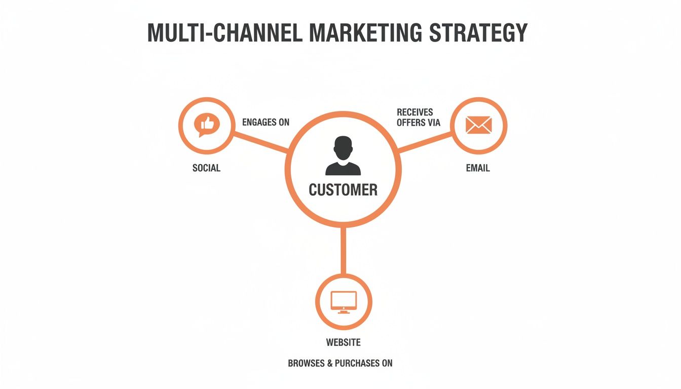 A diagram illustrates a multi-channel marketing strategy, showing a customer interacting via social, email, and website channels.