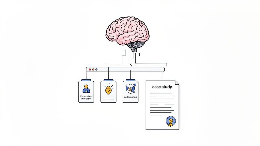 A brain powering a digital marketing strategy, connecting personalized messages, insights, automation, and case studies.
