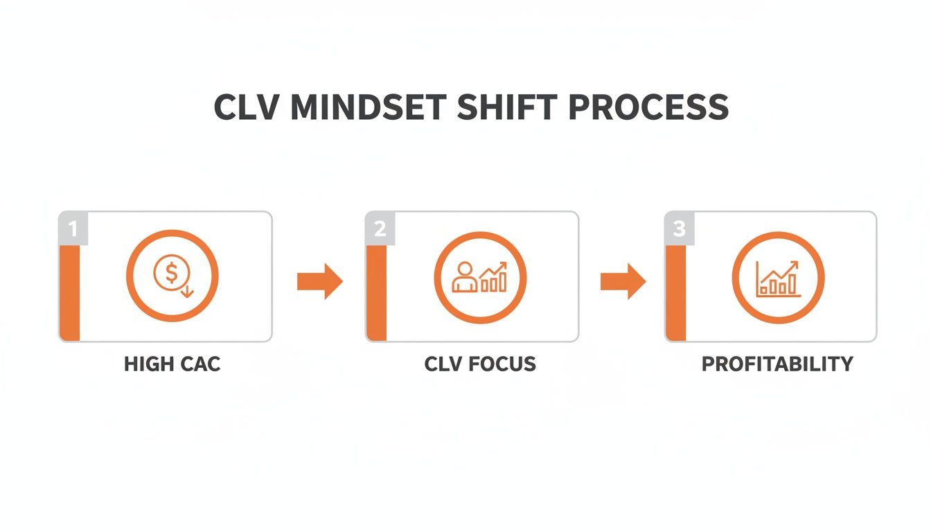 Process diagram showing how focusing on CLV shifts a business from high customer acquisition costs to profitability.