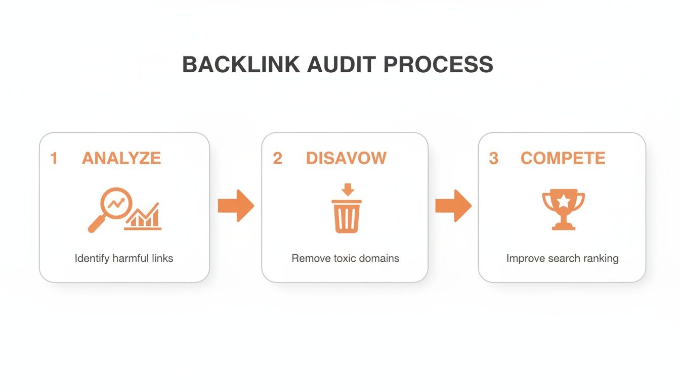 A three-step backlink audit process with analyze, disavow, and compete to improve search ranking.