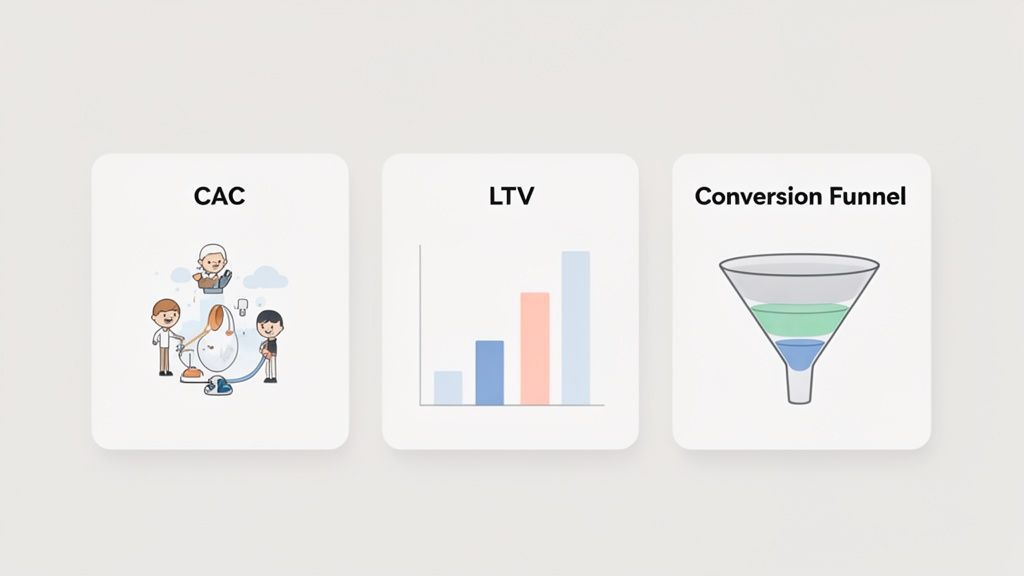 Three cards illustrate key marketing metrics: Customer Acquisition Cost, Lifetime Value, and Conversion Funnel.