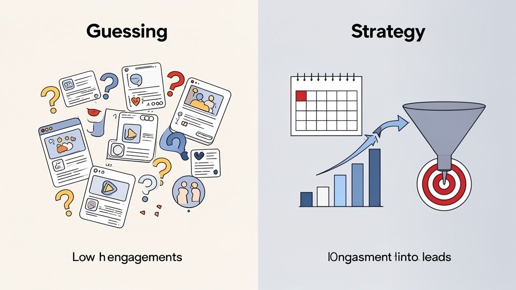 Visual contrasting guessing content creation with a clear strategy for social media engagement and lead conversion.