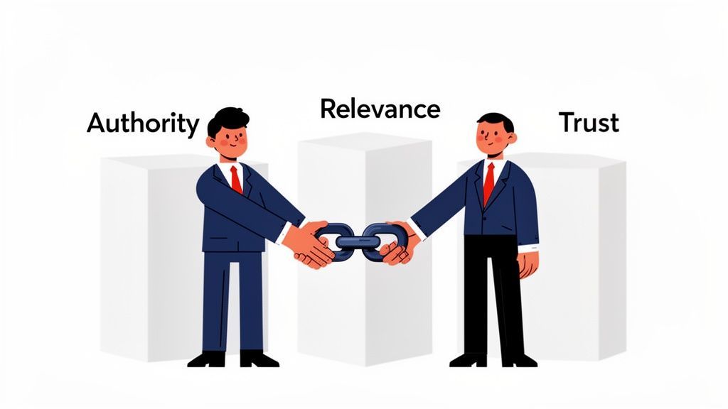 Illustration of two businessmen forming a link, representing authority, relevance, and trust in SEO.