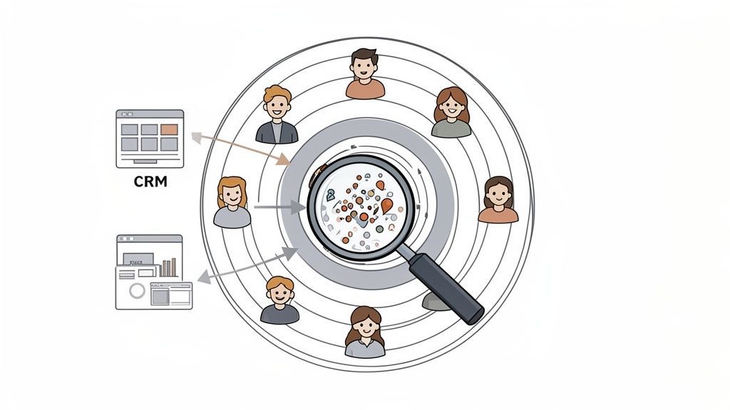 Illustration of a data-driven marketing cycle: people, CRM, and web data flow into a central analysis hub.