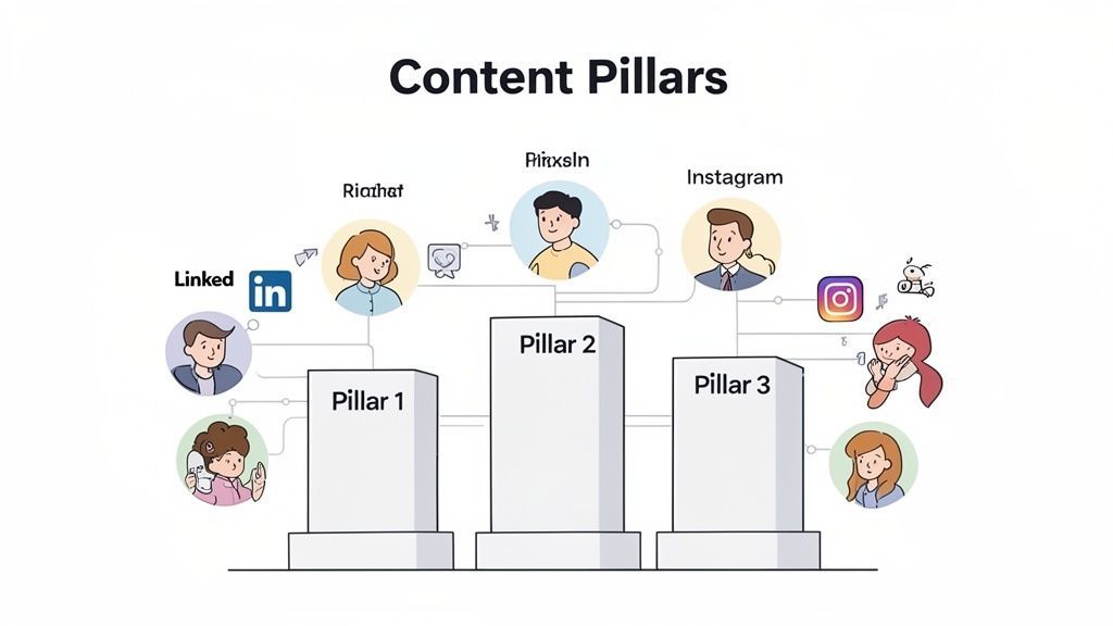 Diagram illustrating 'Content Pillars' connecting social media platforms like LinkedIn, Instagram, and various user personas.