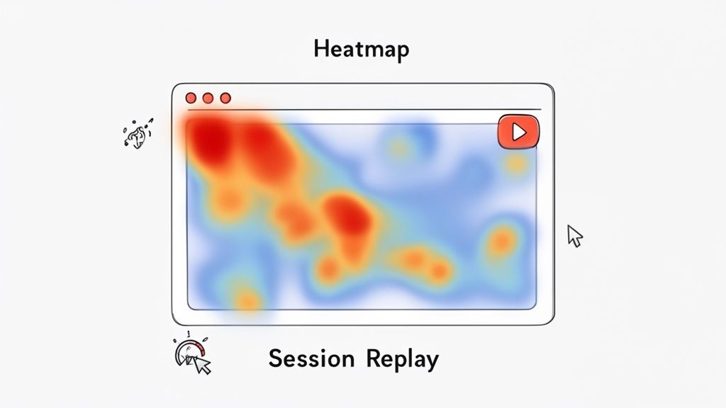 A heatmap displaying website user engagement and a session replay icon within a browser window.