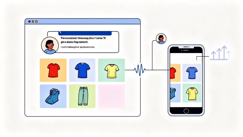 Personalized clothing recommendations displayed on a web browser and synchronized with a smartphone, illustrating data-driven marketing.