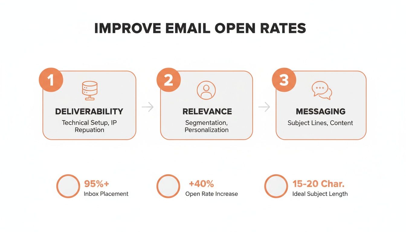 An infographic detailing a 3-step process to improve email open rates: deliverability, relevance, and messaging.
