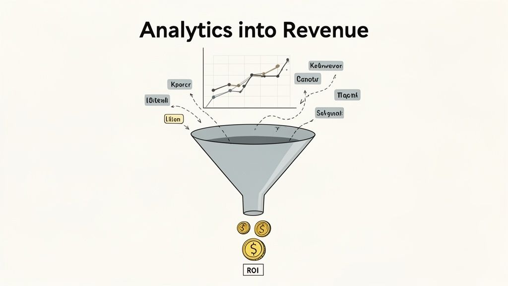 A diagram illustrating analytics data flowing into a funnel, transforming into revenue and ROI.
