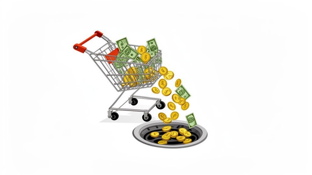 Money, including coins and bills, spills from a shopping cart into a drain, representing financial waste.
