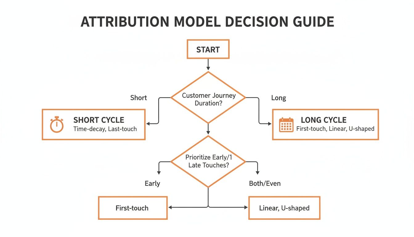 Decision guide flowchart for selecting an attribution model based on customer journey length and touchpoint emphasis.
