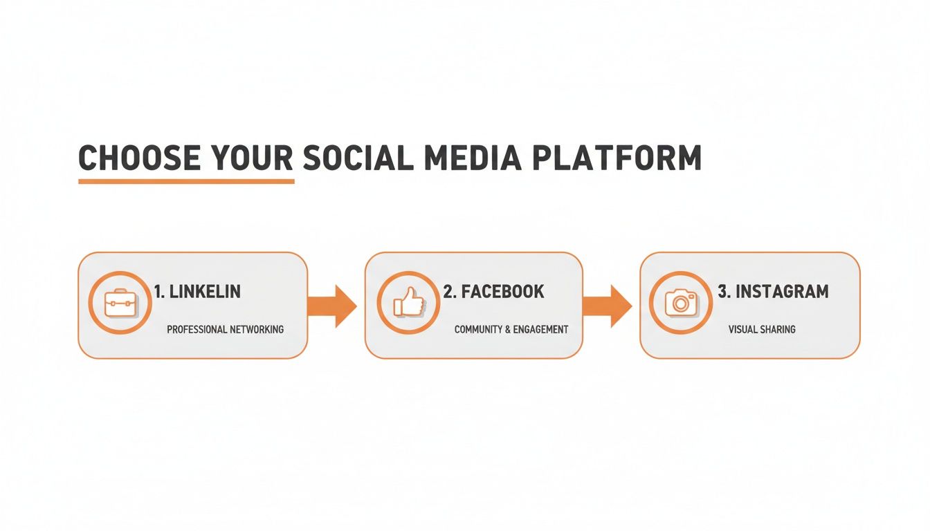 A diagram illustrating social media platform choices: LinkedIn for professional networking, Facebook for community, and Instagram for visual sharing.