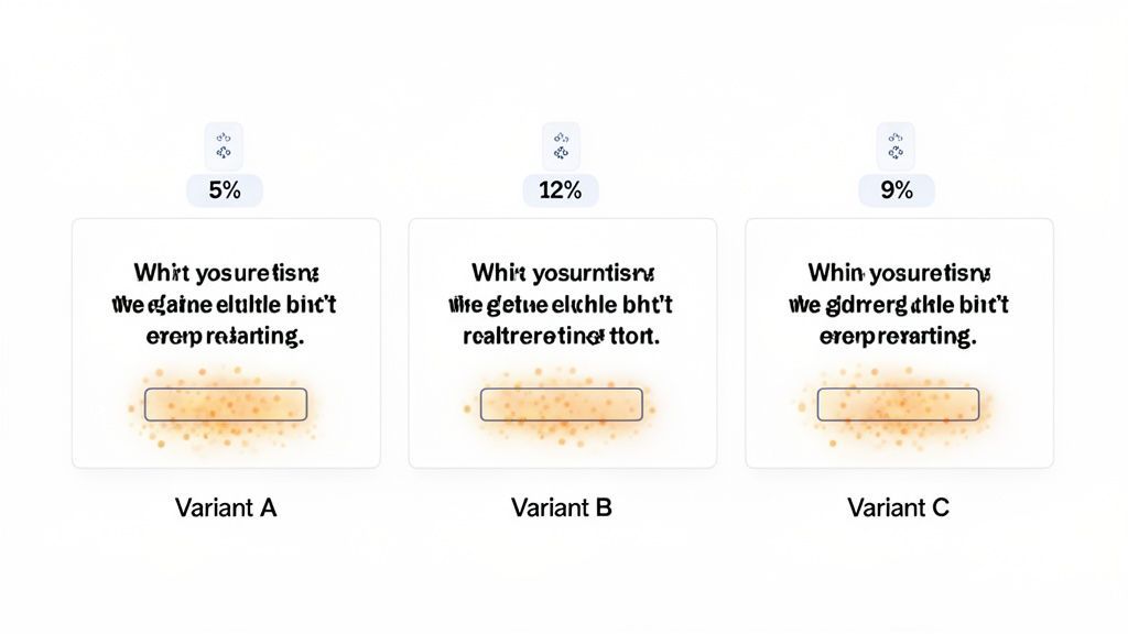 Three marketing A/B test variants showing different percentage results and text content.