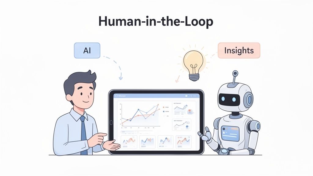 Illustration of a human and a robot collaborating on data analysis, demonstrating the Human-in-the-Loop AI concept for insights.