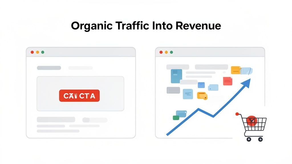 Illustration showing how organic traffic through a CTA button converts into increasing revenue and sales.