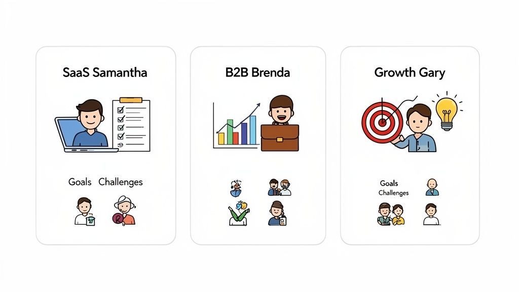 Three illustrated cards displaying different buyer personas: SaaS Samantha, B2B Brenda, and Growth Gary.