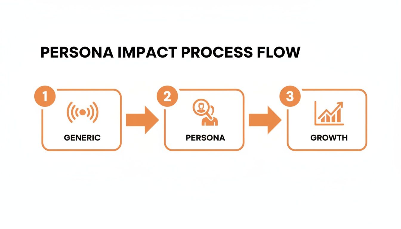 A three-step persona impact process flow from generic understanding to detailed persona development and finally growth.