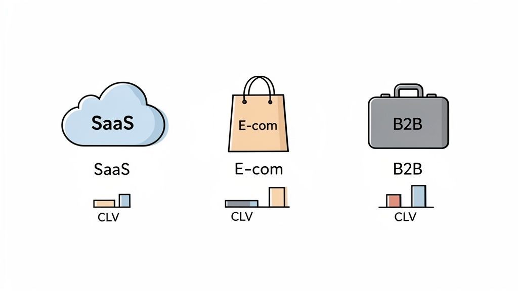 Illustration showing SaaS, E-commerce, and B2B business models with different Customer Lifetime Value (CLV) bar charts.