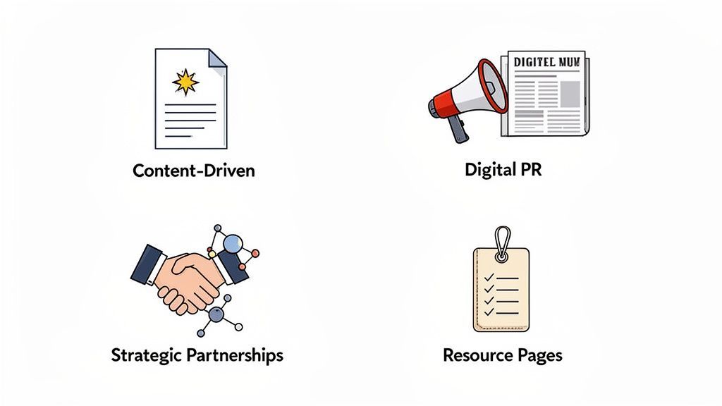 Four icons illustrating key SEO strategies: Content-Driven, Digital PR, Strategic Partnerships, and Resource Pages.