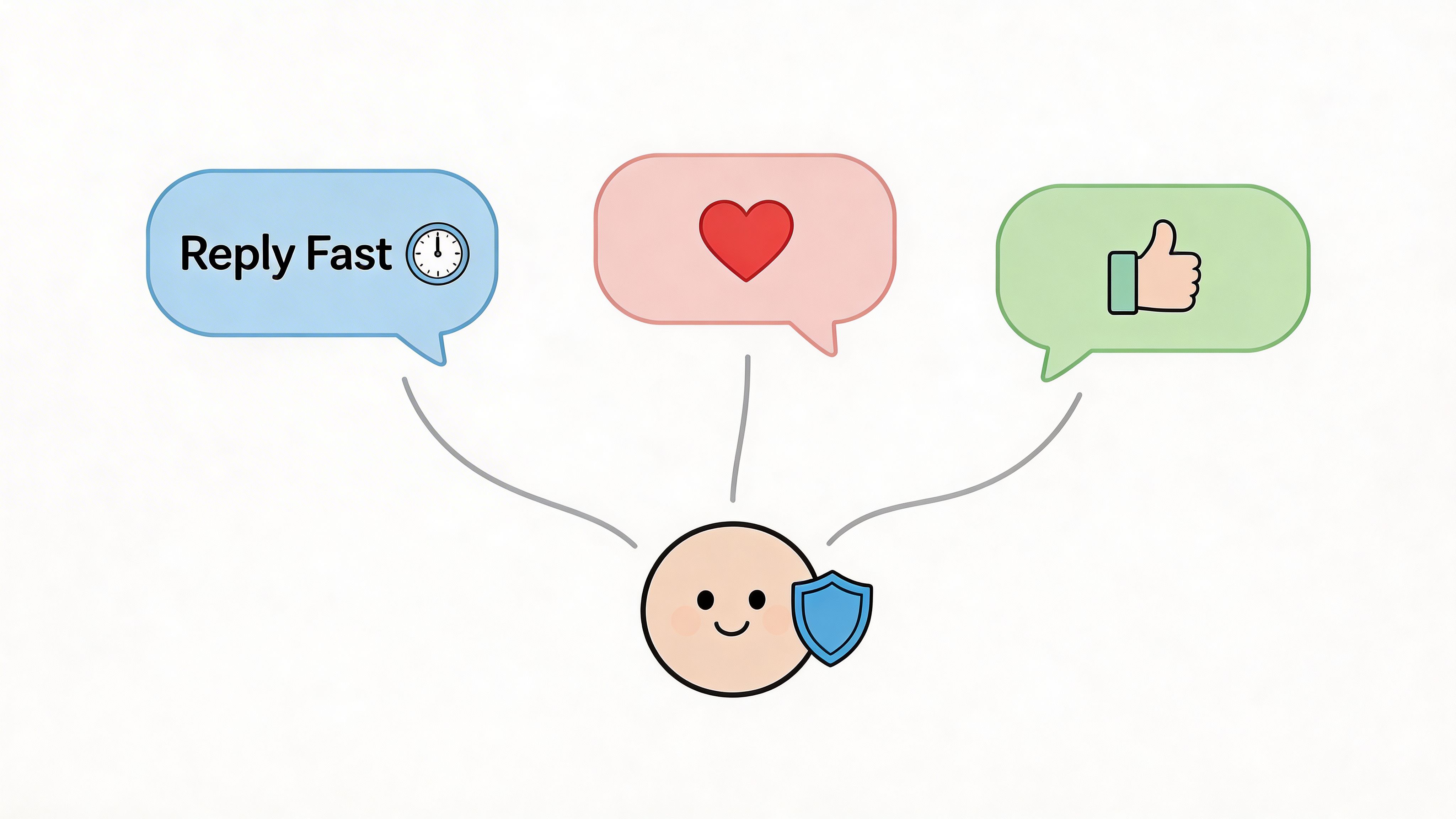 An illustration of a person with a shield symbol connected to speech bubbles showing interaction icons.