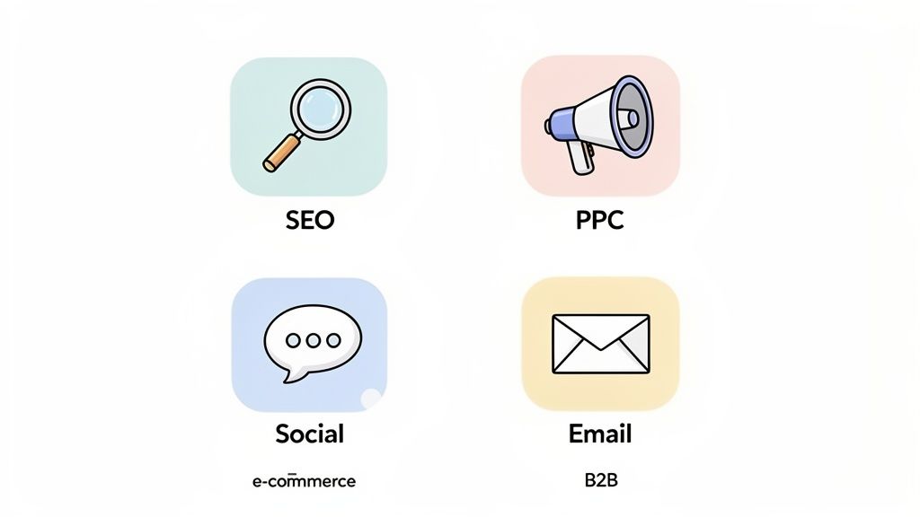 Four icons representing digital marketing channels: SEO, PPC, Social (e-commerce), and Email (B2B).