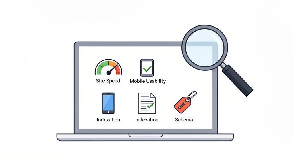 A laptop screen displaying icons for site speed, mobile usability, indexation, and schema, with a magnifying glass.
