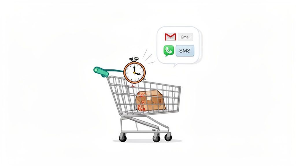 A shopping cart containing a package, with a stopwatch sending Gmail and SMS notifications.