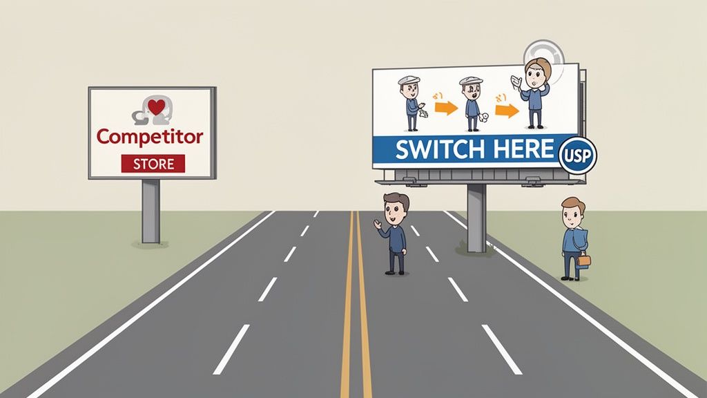 An illustration showing a road with billboards for a competitor store and a 'SWITCH HERE (USP)' advertisement.