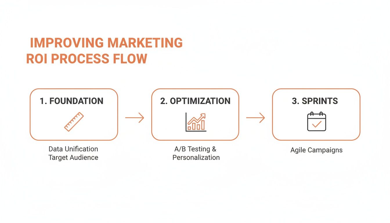 A three-step process flow illustrating how to improve marketing ROI: Foundation, Optimization, and Sprints.