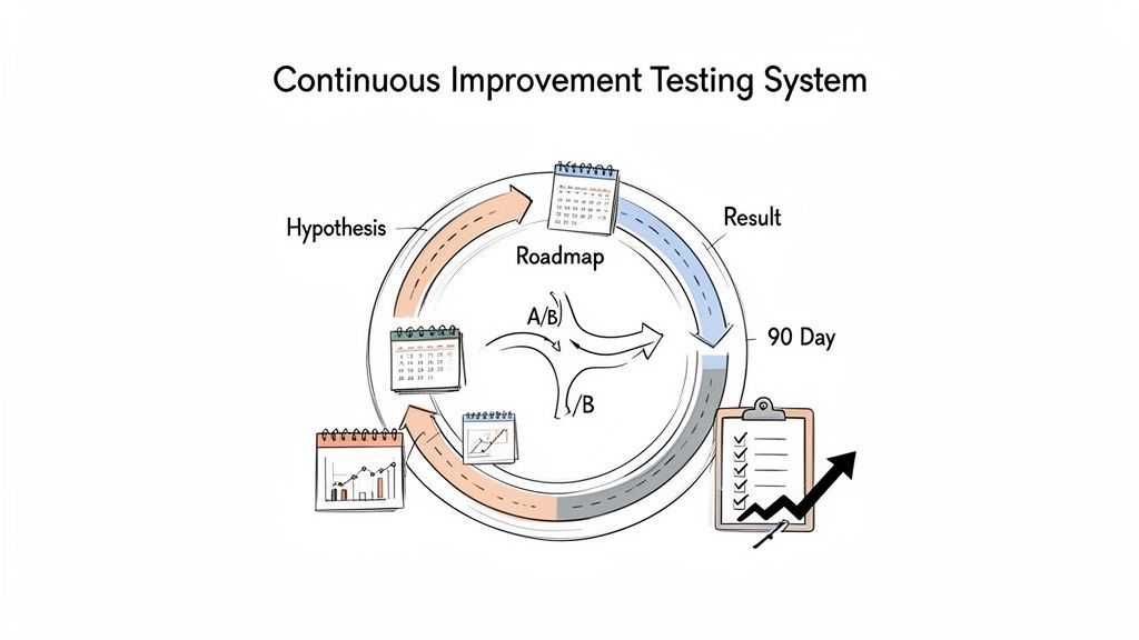 Diagram showing a continuous improvement testing system with hypothesis, roadmap, A/B testing, and results over 90 days.