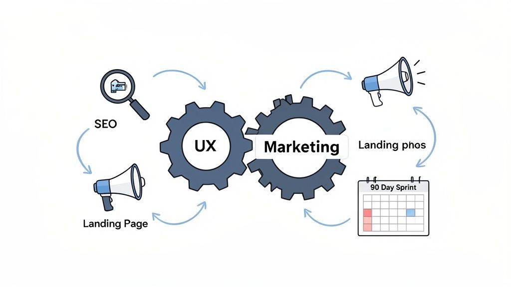 Infographic illustrating the collaborative workflow between UX and Marketing, featuring SEO, landing pages, and sprint planning.