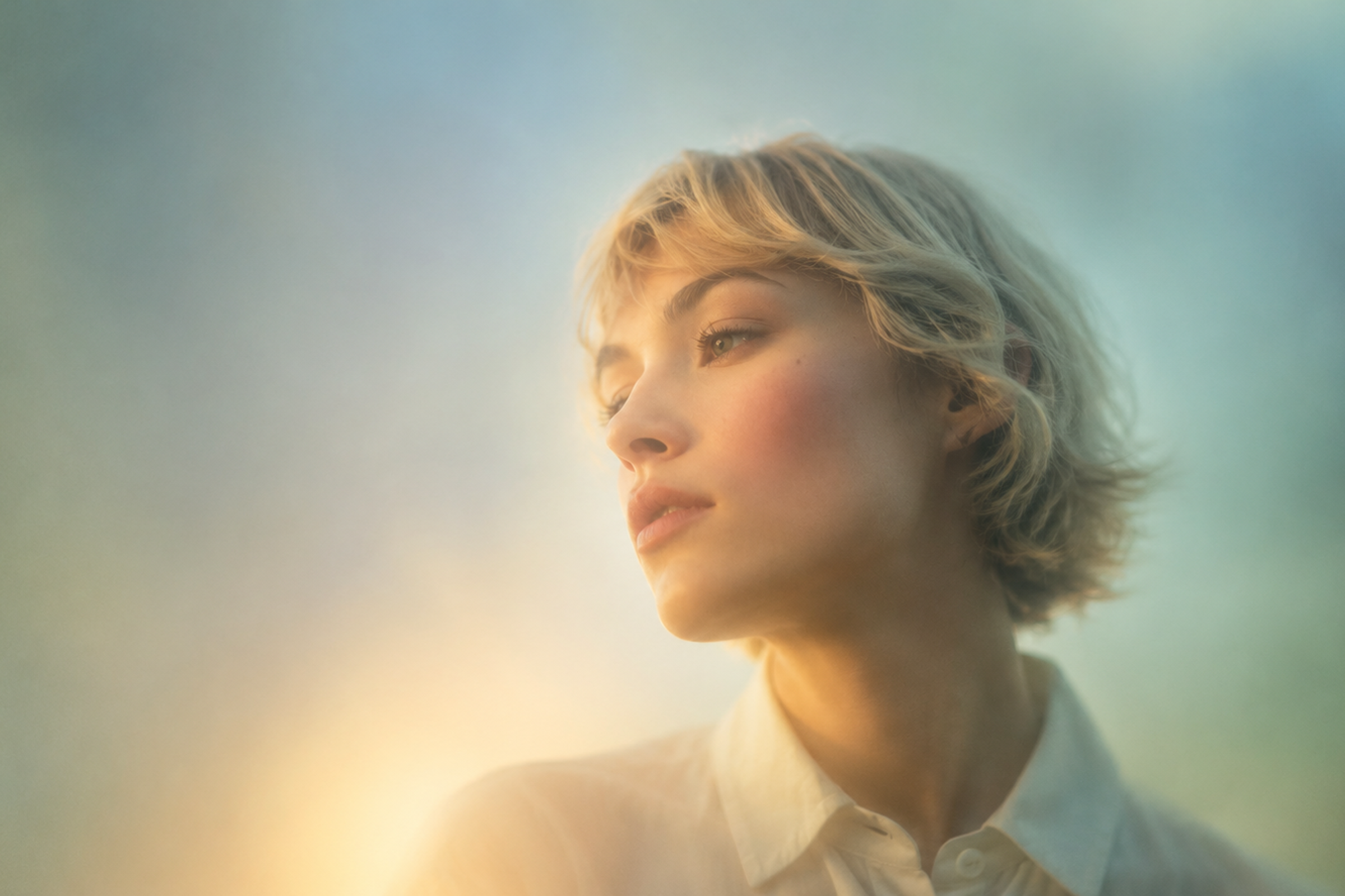A woman in soft natural light, eyes gently closed in a moment of calm reflection — the quiet clarity at the heart of Viere's coaching.