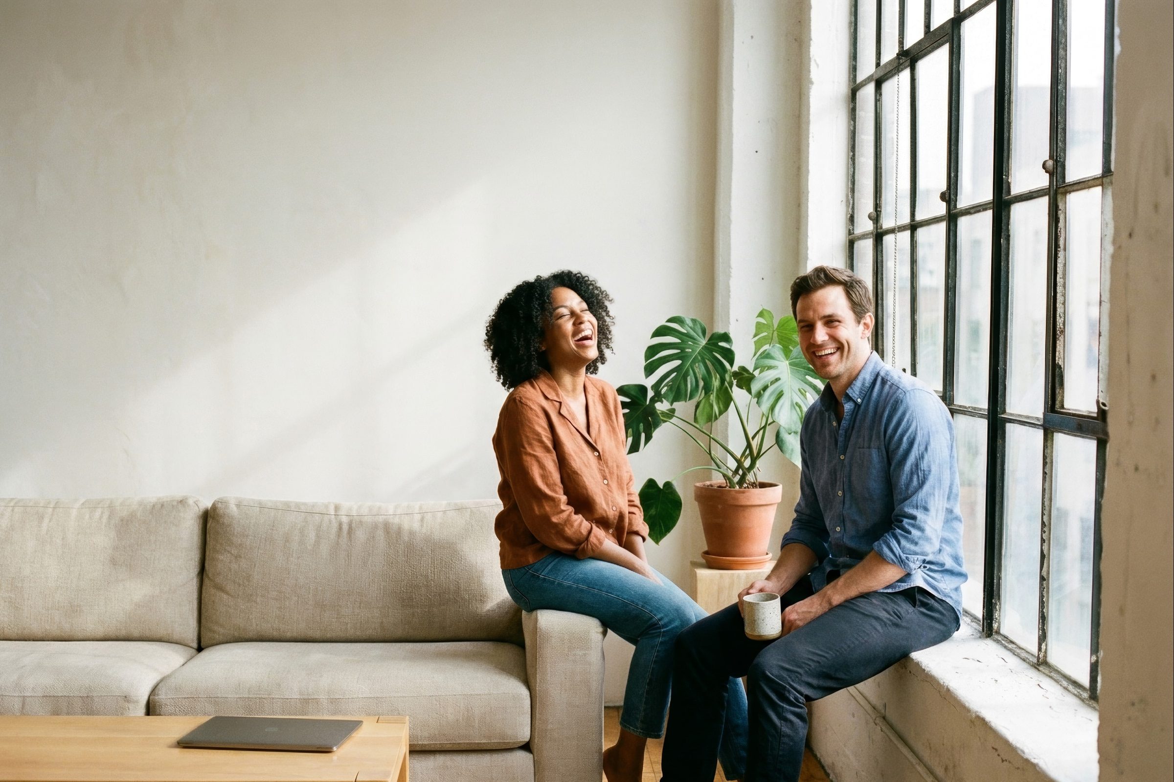 Two colleagues laughing over coffee in a bright city loft, one perched on the arm of a sofa and one on the windowsill by tall factory windows.