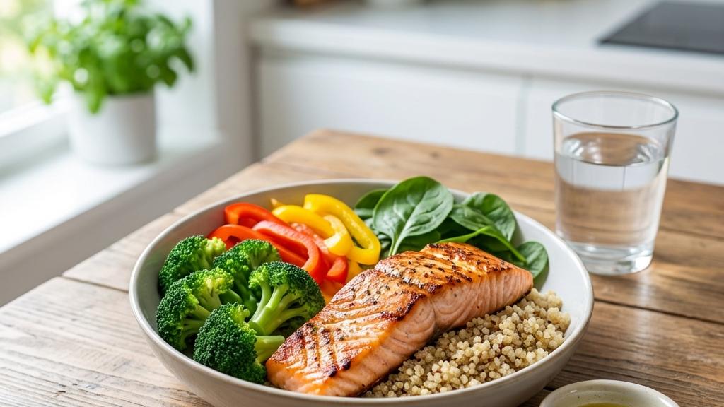 Grilled salmon, quinoa, broccoli, bell peppers, and spinach in a healthy meal bowl on a wooden table with water and dressing.