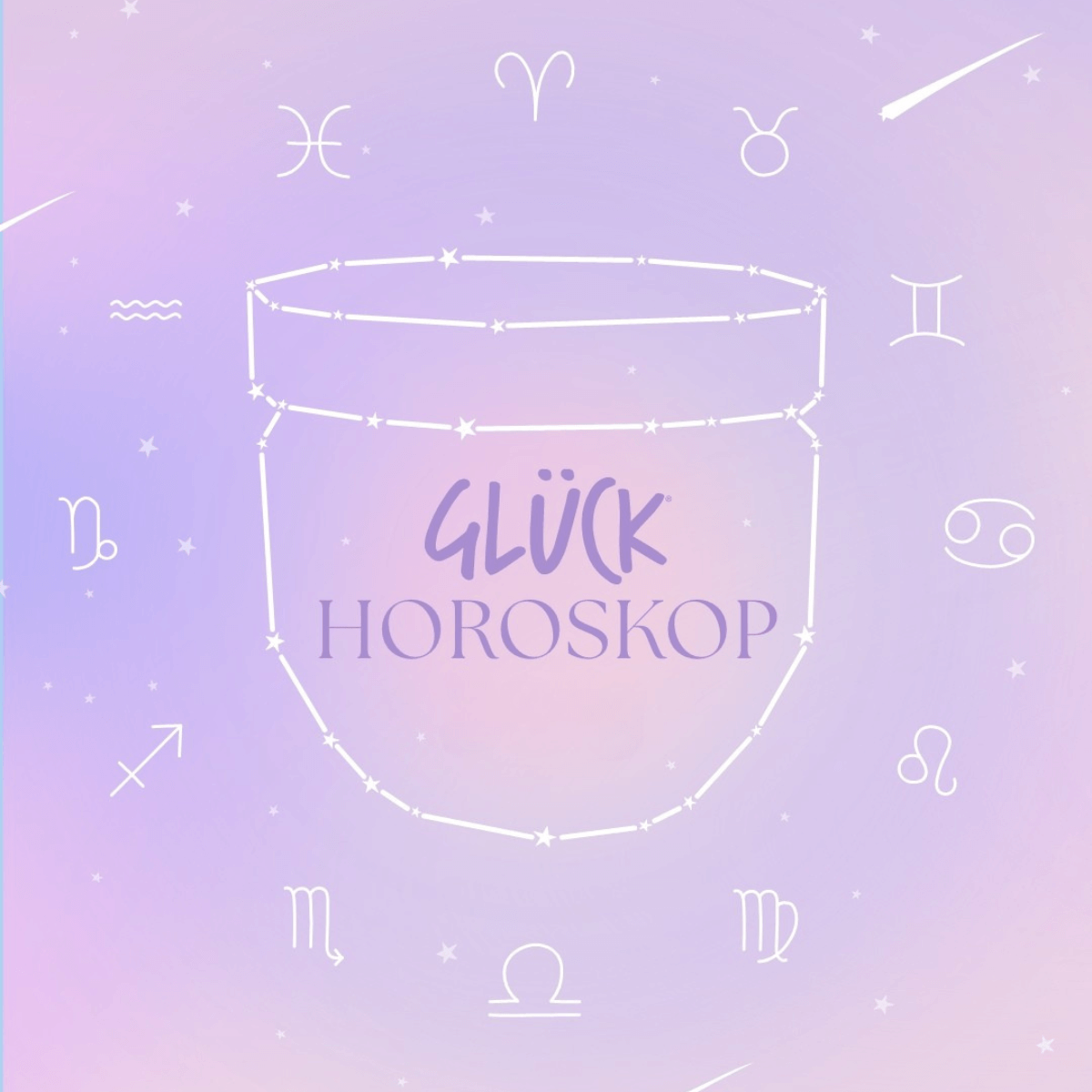 Ein Horoskop-Cover im GLÜCK Stil auf lilarosafarbenem Hintergrund. In der Mitte ein GLÜCK Glas aus Linien wie ein Sternbild im Himmel. Darin steht "GLÜCK Horoskop". Um das Glas herum verteilt sind die Symbole der Sternzeichen in weiß verteilt.