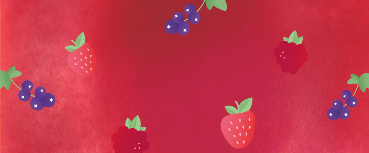 Roter Hintergrund mit leichten hellen und dunklen Elementen für etwas Struktur. Darauf verteilt sind die Grafiken verschiedener Beeren: Erdbeeren, Himbeeren und schwarze Johannisbeeren. Von jeder Frucht sieht man zwei Stück.