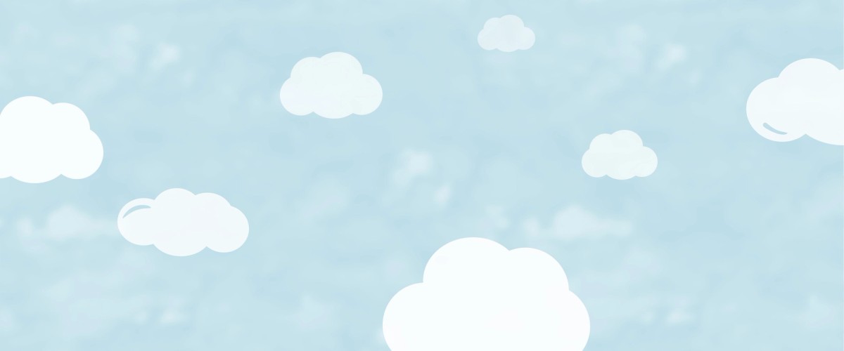 Hellblauer Hintergrund mit leichter weißer Wolkenstruktur. Darauf sind viele Cartoon-Stil-Grafiken von weißen Wolken in unterschiedlichen Größen zu sehen.