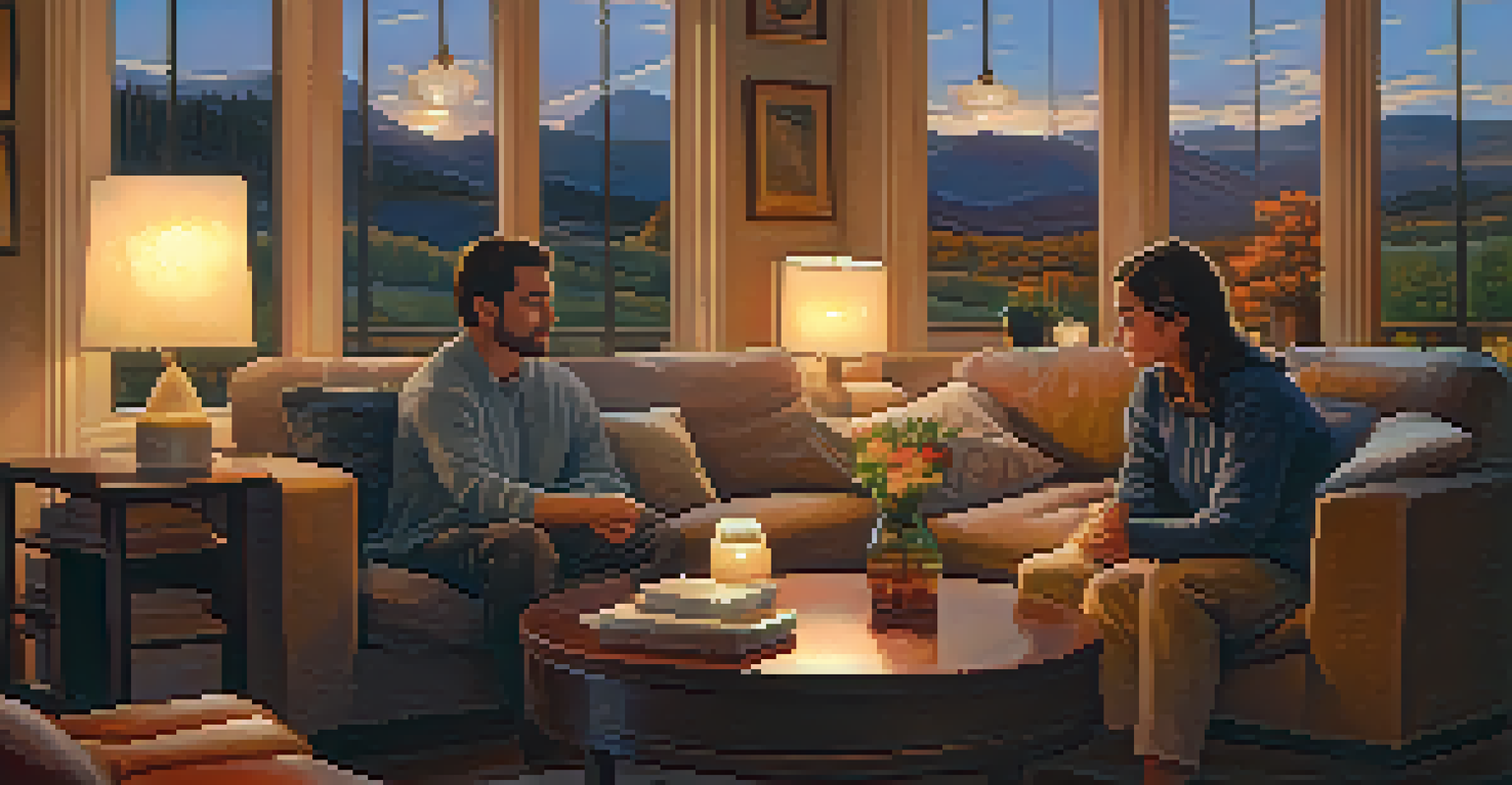 Two people having a heartfelt conversation on a cozy couch in a warmly lit living room.