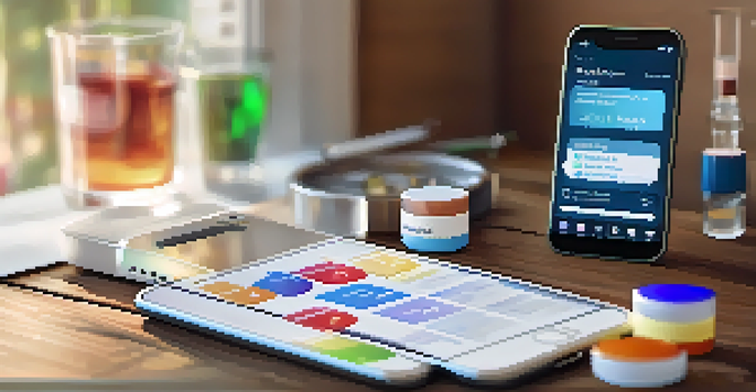 A smartphone showing a medication tracking app on a wooden table with a pill bottle and water glass.