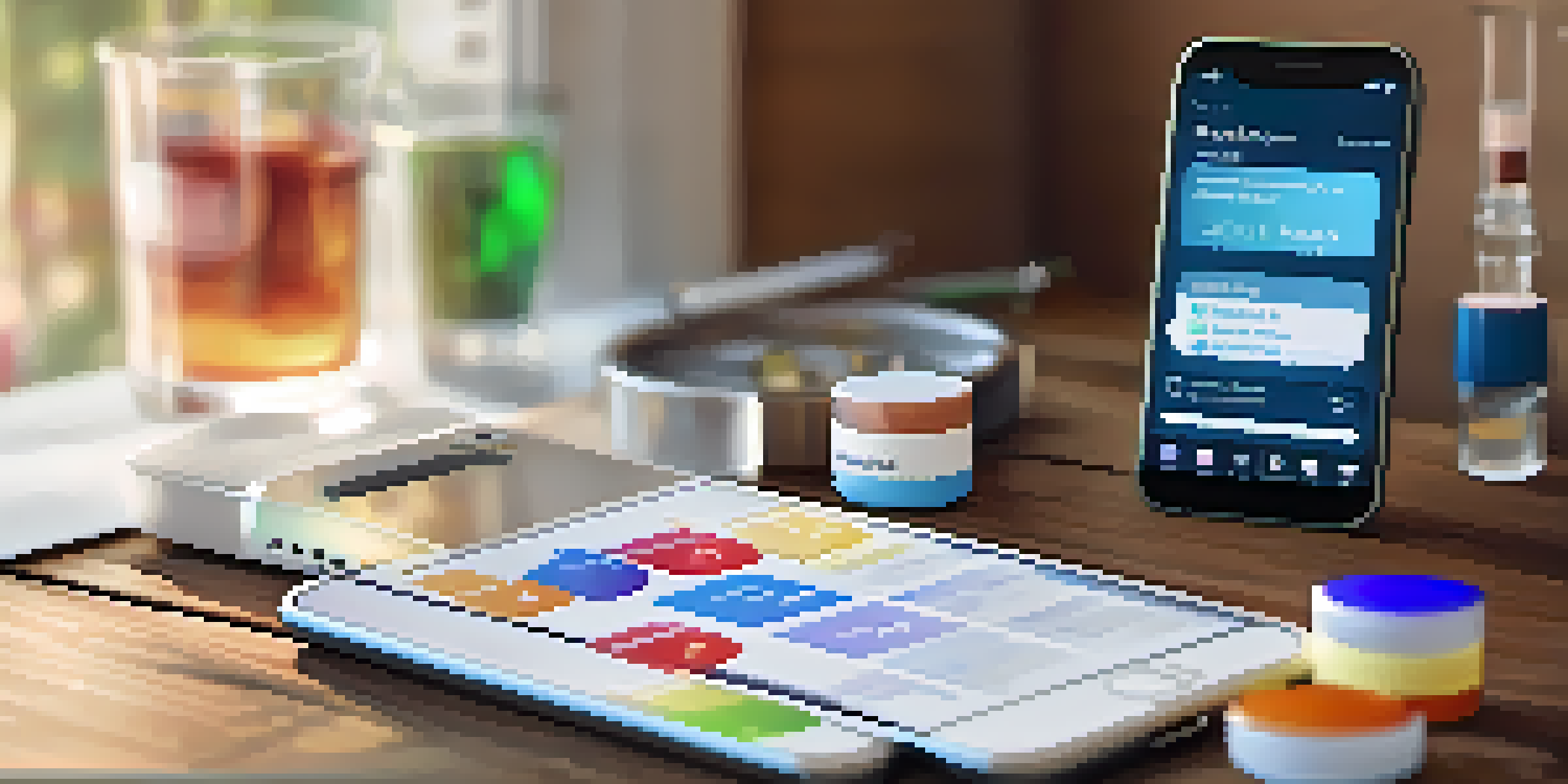 A smartphone showing a medication tracking app on a wooden table with a pill bottle and water glass.